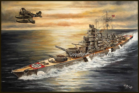 Schlachtschiff bismarck Bild Gemälde Arado 196 AR Lukas Wirp Marinemaler