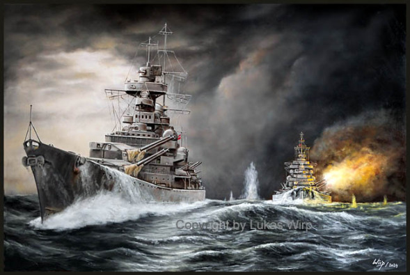 Bismarck und Prinz Eugen im Gefecht gegen Hood