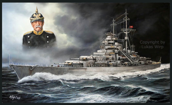 Gemälde des Schlachtschiff Bismarck mit Reichskanzler